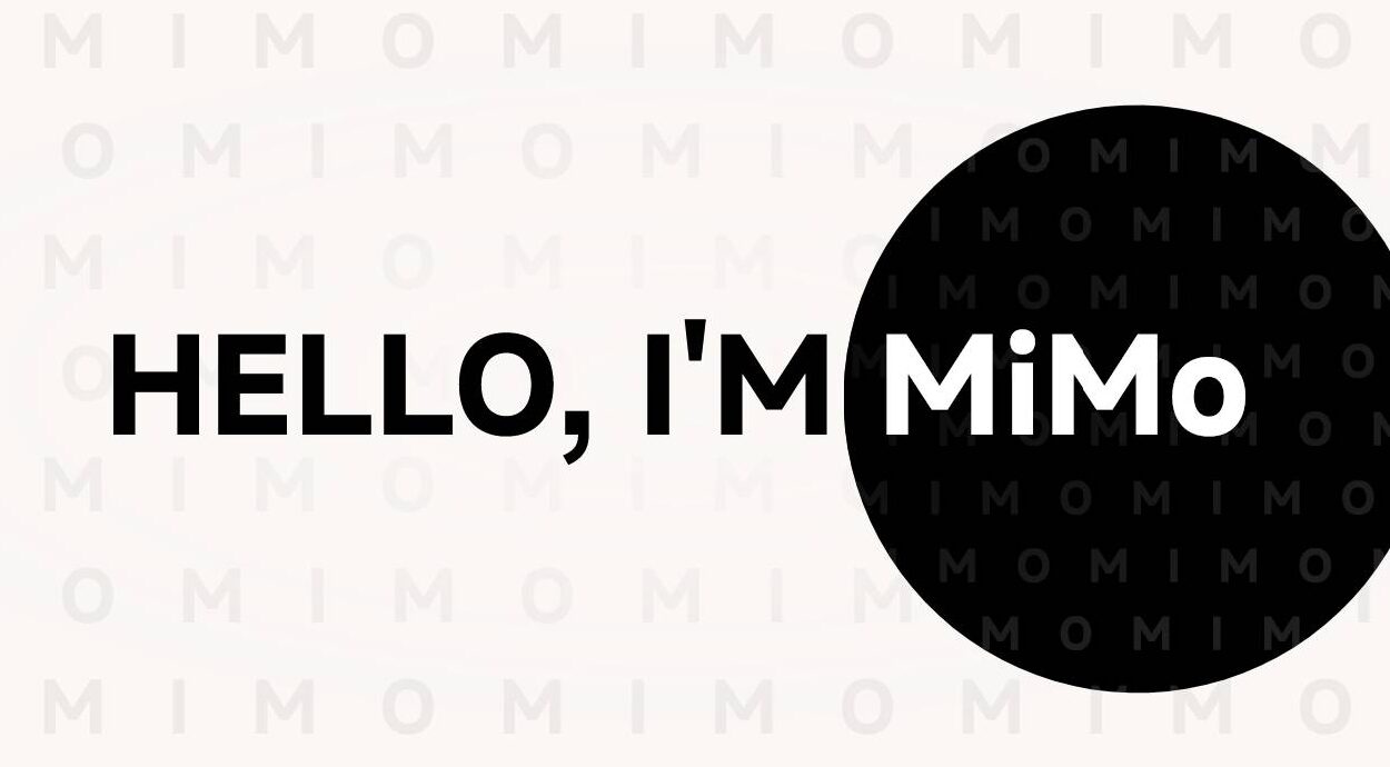 Xiaomi MiMo Introfolie mit großem "Hello, I’m MiMo"-Schriftzug vor Hintergrund mit wiederholtem "MIMO"-Muster.
