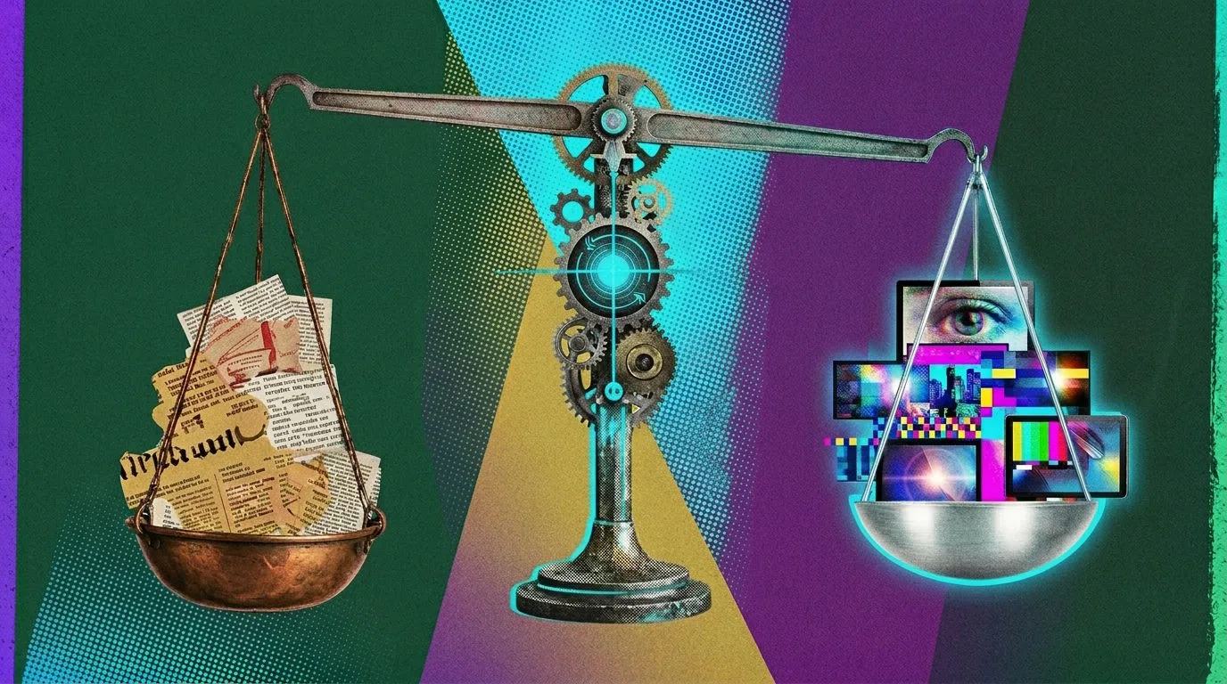 Waage mit Zeitungsartikeln links und digitalen Bildschirmen rechts, symbolisiert Text- vs. Bilddaten im KI-Training.