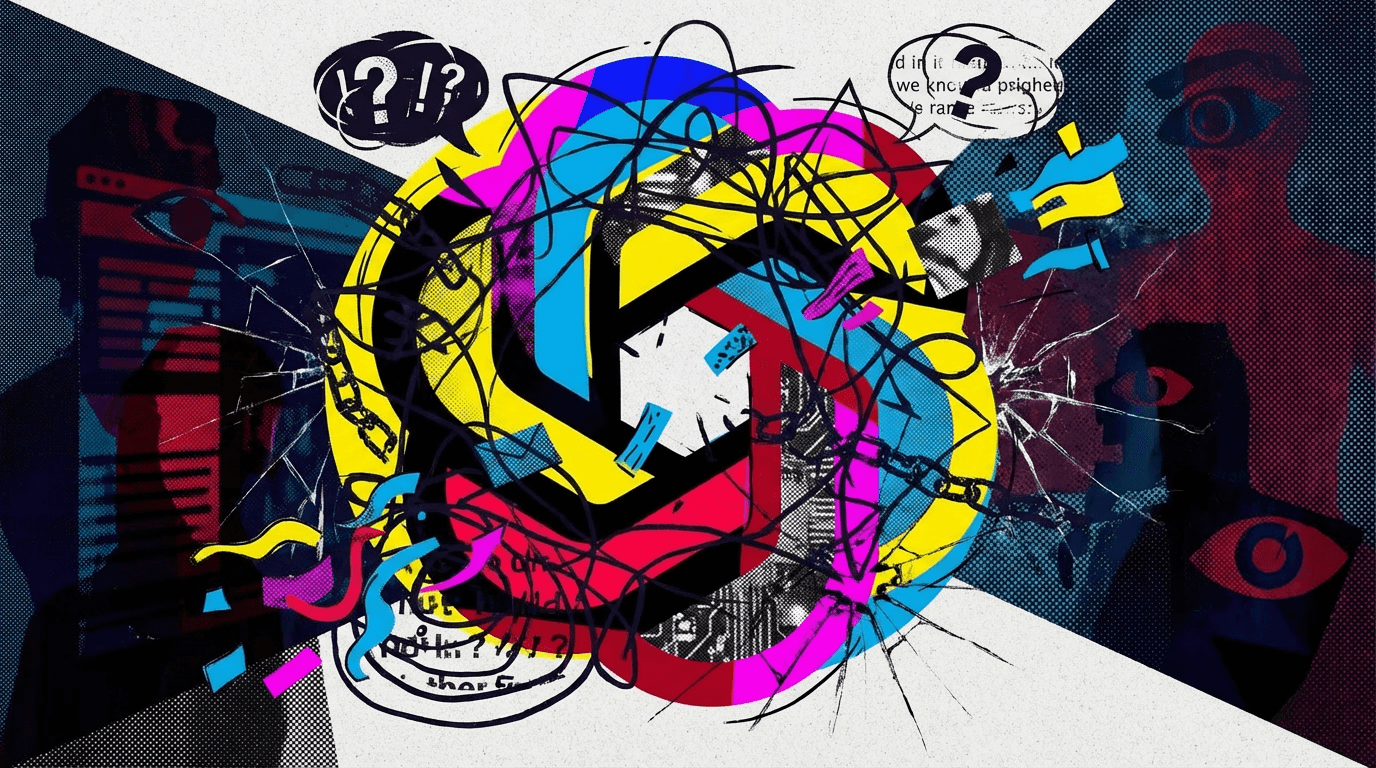 Bunte Collage mit zerrissenem ChatGPT-Logo, wirren Linien, Fragezeichen, Ketten und Augen, symbolisiert Wahnvorstellungen und Überwachung.
