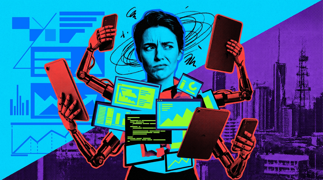 Frau mit Roboterarmen hält Tablets und Smartphones, umgeben von Monitoren mit Diagrammen und Code vor urbanem Hintergrund.